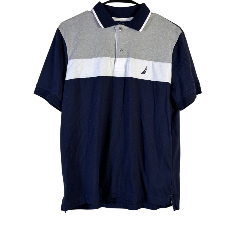 Nautica Men's Colorblock Polo Shirt Size S Navy‎ Blue Grey White Short Sleeve